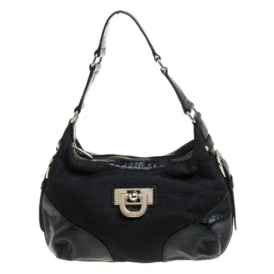 Dkny Black Signature Canvas and Croc Embossed Leather Buckle Hobo