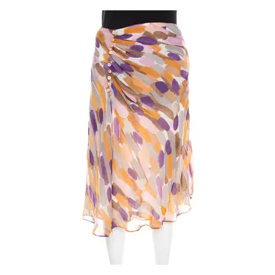 Escada Multicolor Brushstroke Print Silk Ruched Front Flared Skirt