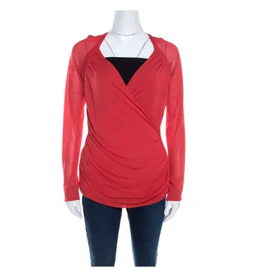 Escada Lipstick Red Stretch Knit Draped Faux Wrap Bodice Top