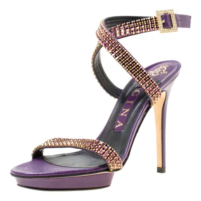 Gina Purple Crystal Embellished Leather Cross Ankle Strap Sandals Size