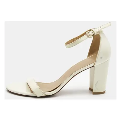 Stuart Weitzman Cream Patent Leather Block Heel Ankle Strap Sandals Size 39.5