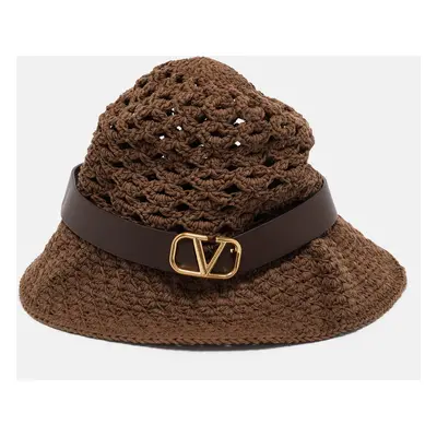 Valentino Brown Vlogo Leather Belted Crochet Fedora Hat