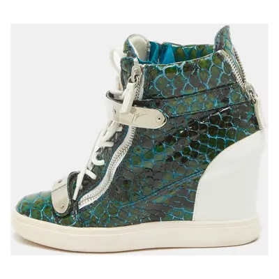 Giuseppe Zanotti Green/White Python Embossed Patent Leather and Suede Coby Wedge Sneakers Size