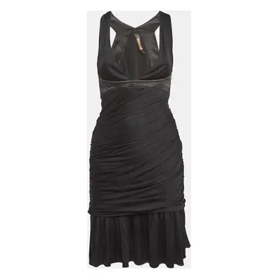 Roberto Cavalli Black Stretch Crepe Ruche Midi Dress