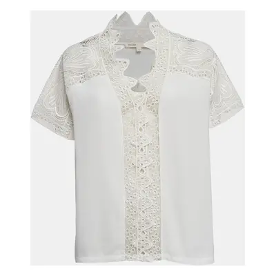 Maje White Crepe Lace Trim Top