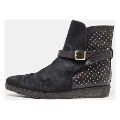 Burberry Black Leather and Calfhair Studded Ankle Boots Size