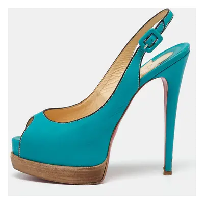 Christian Louboutin Turquoise Leather Peep-Toe Platform Slingback Sandals Size 38.5