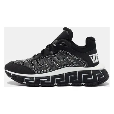 Versace Black Leather Trigreca Lace Up Sneakers Size