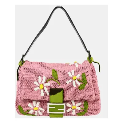 Fendi Pink Wool Flower Mamma Baguette Handbag