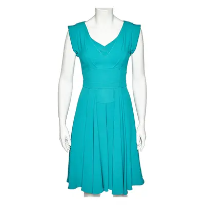 Elie Saab Teal Blue Crepe Pleated Detail Midi Dress