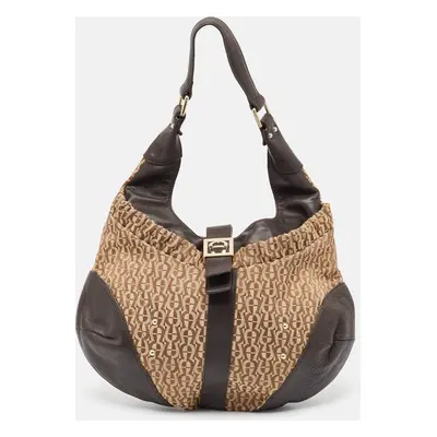 Aigner Brown/Beige Monogram Canvas and Leather Logo Flap Hobo