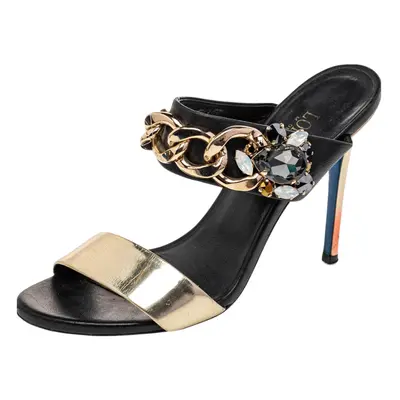 Loriblu Black/Gold Leather Embellished Chain Detail Slide Sandals Size 37.5