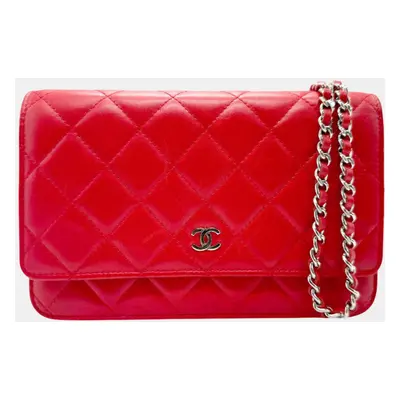 Chanel Red Silver Lambskin Chain Wallet