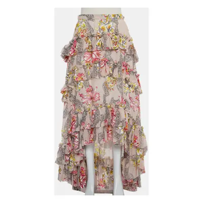 Philosophy Beige Floral Printed Cotton & Silk Ruffled Asymmetric Hem Midi Skirt