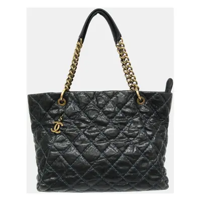 Chanel Black Navy Matelasse Chain Caviar Leather Tote Bag