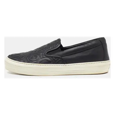 Salvatore Ferragamo Black Leather Logo Embossed Slip On Sneakers Size