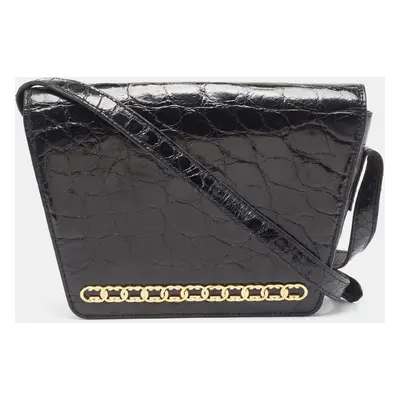 Gucci Black Crocodile Leather Interlocking GG Flap Crossbody Bag