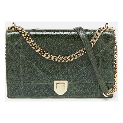 Dior Green Crackle Leather Large Diorama Flap Shoulder Bag