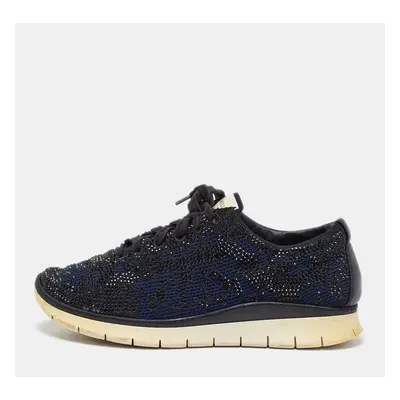 Le Silla Navy Blue/Black Knit Fabric and Leather Crystal Embellished Low Top Sneakers Size