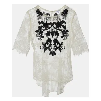 Oscar de la Renta White Lace Contrast Embroidery High Low Hem Top