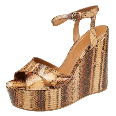 Sergio Rossi Brown Snakeskin Platform Wedge Sandals Size