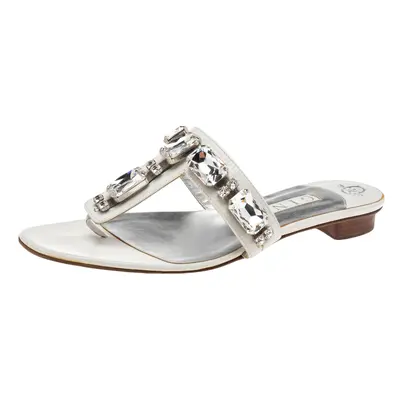 Gina White Leather Crystal Embellished Thong Flat Slides Size 40.5