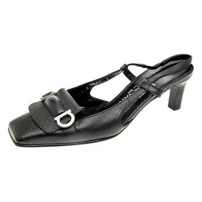 Salvatore Ferragamo Black Saffiano Leather Buckle Detail Slingback Sandals Size 36.5