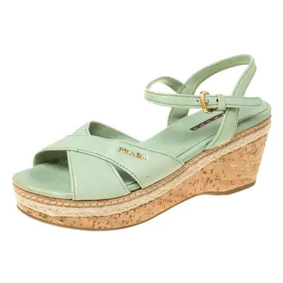 Prada Green Leather Ankle Strap Platform Espadrille Sandals Size