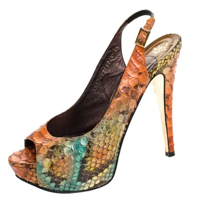 Gina Multicolor Python Leather Peep Toe Platform Slingback Sandals Size 38.5