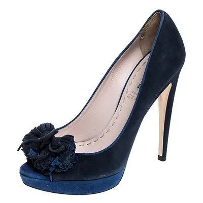 Miu Miu Blue Suede Tassel Detail Peep Toe Platform Pumps Size