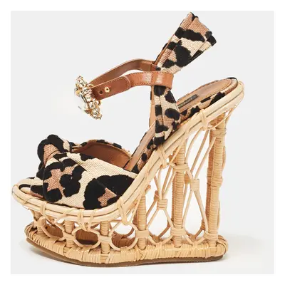 Dolce & Gabbana Beige/Black Leopard Print Straw Crystal Brooch Platform Sandals Size