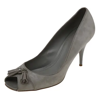 Tod's Grey Suede Embellished Fringe Peep Toe Pumps Size