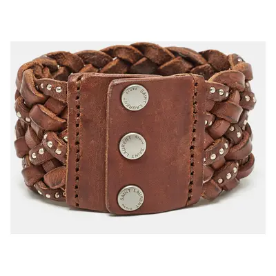 Saint Laurent Paris Brown Studded & Braided Leather Wide Bracelet