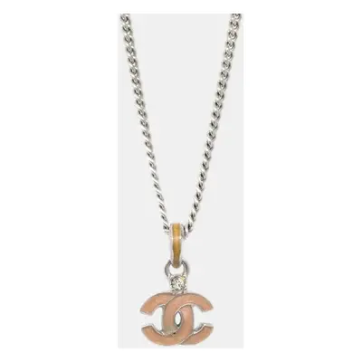 Chanel Rhinestone Silver CC Chain Necklace Pendant 4P