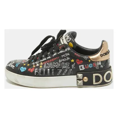 Dolce & Gabbana Black Graffiti Leather Portofino Sneakers Size 36.5