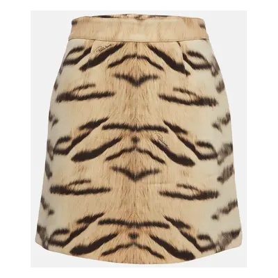 Roberto Cavalli Beige Tiger Print Fleece Wool Mini Skirt