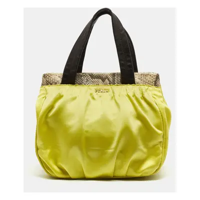 Furla Neon Yellow/Brown Satin And Snakeskin Embossed Leather Tote