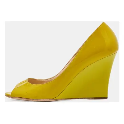 Jimmy Choo Yellow Patent Leather Baxen Peep Toe Wedge Pumps