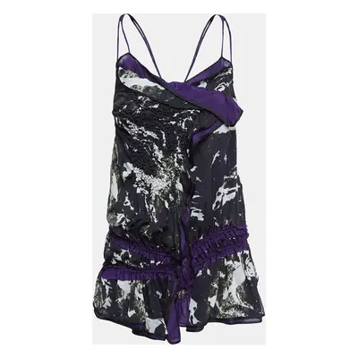 Balenciaga Black/Purple Printed Silk Open Front Top