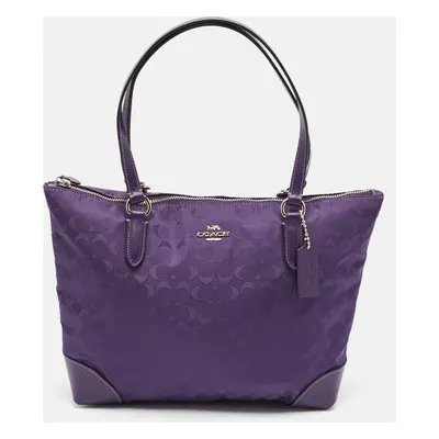 Coach Purple Signature Nylon and Leather Zip Top Tote