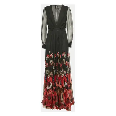 Gucci Black Floral Print Silk Plunging Neck Flared Gown