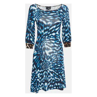 Just Cavalli Blue Printed Jersey Long Sleeve Midi Dress