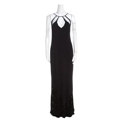 Escada Black Crepe Silk Sequin Embellished Fringed Hem Evening Dress