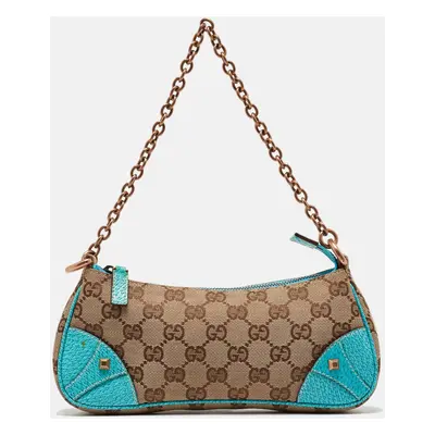 Gucci Beige/Blue GG Canvas and Leather Baguette Bag