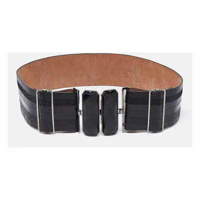 Fendi Black Karung, Patent and Leather Wide Waist Belt 70CM