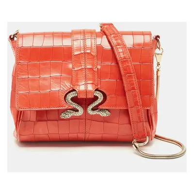 Roberto Cavalli Red Crocodile Embossed Leather Serpenti Flap Chain Bag