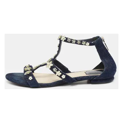 Dior Blue Denim Jewel Embellished Strappy Flat Sandals Size 38.5