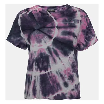 Amiri Purple Tie Dye Printed Cotton Distressed Crew Neck Top