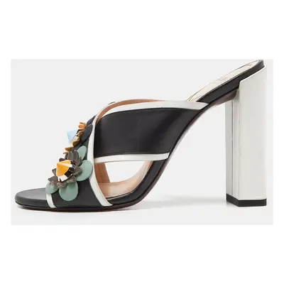 Fendi Black/White Leather Embellished Flowerland Slide Sandals Size