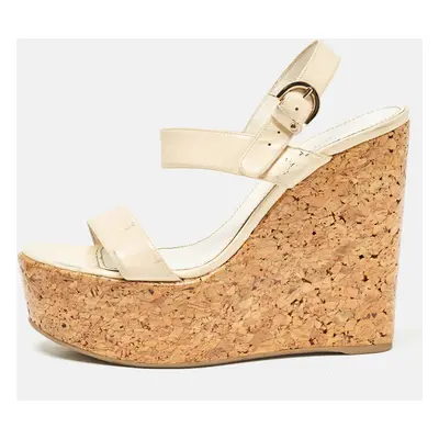 Sergio Rossi Cream Patent Leather Ankle Strap Cork Platform Wedge Sandals Size